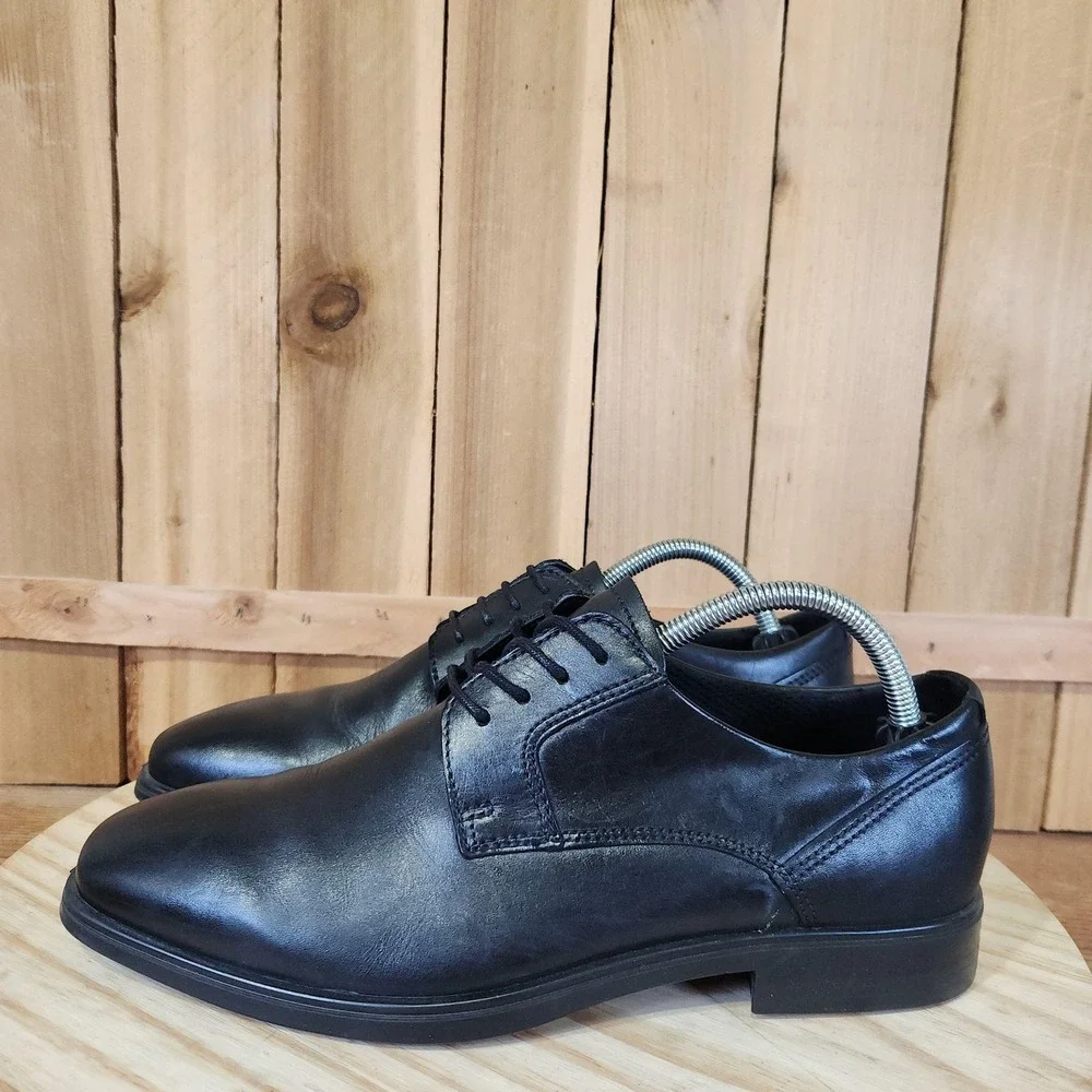 ECCO Queenstown Plain Toe Derby Shoes Mens 7.5 41 EU Black Leather Dress Comfort